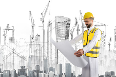 صورة مقربة لرجل عربي خليجي سعودي مهندس معماري في مكان العمل والمشروع ، يحمل بين يديه خريطة تصميم المكان ، السعادة بتحقيق الانجازات و النجاح  .