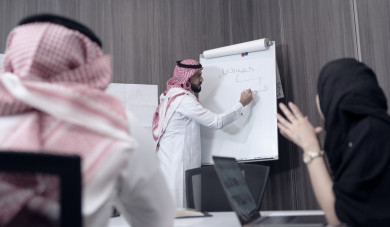 لقاء عمل لرجل اعمال سعودي خليجي يقدم افكاره للزملاء في المكتب على لوح ابيض ، فريق العمل يستمع لأفكار الاستثمارات  ، شركة سعودية ، بيئة عمل
