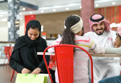 زوجة سعودية  تنظر في أكياس التسوق  في ردهة المطاعم في المول 