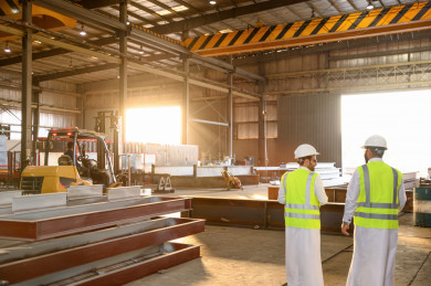 مهندسان صناعيان سعوديين في اجتماع داخل مصنع الحديد ، لتطوير آلية انتاجها ، ارتداء خوذة  و سترة الحماية الخاصة بالعمل