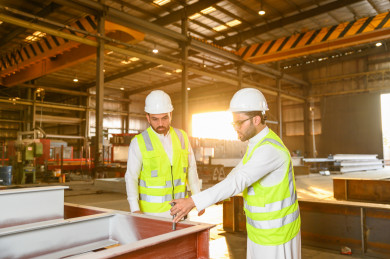 مهندسان صناعيان سعوديين شركاء في مصنع الحديد ، يتناقشان في جودة انتاج المصنع ، الاشراف على انتاجية الحديد و الألمنيوم في المصنع